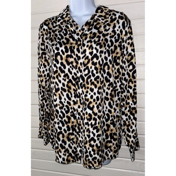 Chicos Sz 1 (MEDIUM) Sandwash Satin Leopard Tunic Top Button Up Modal EUC - Picture 1 of 12